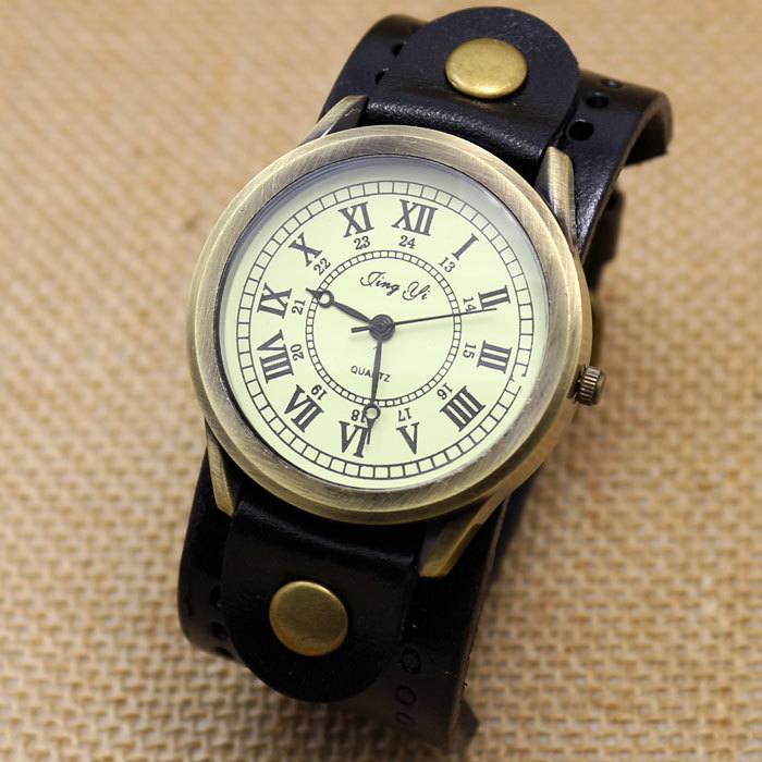 Dark Brown Roma Number Dial Vintage Leather Bracelet Quartz Wrist Watch Men Boy