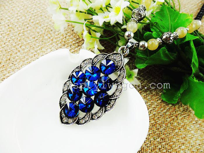 fashion jewlery ancient silver with blue crystal fine long sweater chain necklace black beads fashion accessory