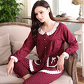 Spring Fall Women Pajama Set Knitted Cotton Lace Full Sleeve Sleep Lounge Pyjama Round Neck Sleepwear