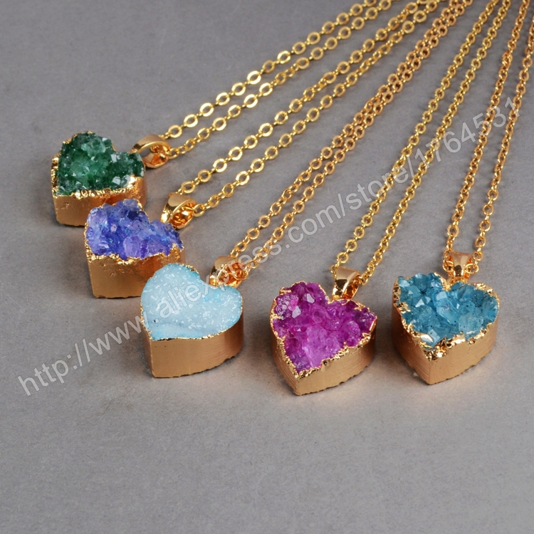 Natural druzy necklaces Pendant Golden Electroformed Dyed Color Heart Agate Druzy pendant Geode fashion Jewelry DIY 0169