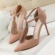New Summer Autumn Pumps Fashion Tassel Sexy Thin High Heels Shoes Shallow Mouth Pointed Hollow T Strap Fringed Shoes G5196-2