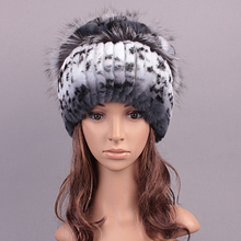 New Style Women Hats Winter Soft Warm Fur Hat Natural Rex Rabbit Fur Caps With Silver Fox Fur Trims Tops Real Fur Beanies Winter