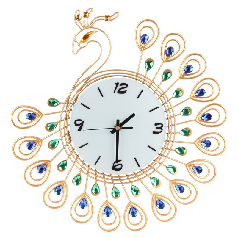 Antique Style Stopwatch Top Elegant Luxury Diamond Peacock Large Single Face Digital Wall Clocks Metal For Living Room Wall Gold