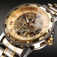 Top marca moda hombres Causl deportes para hombre de acero lleno Skeleton mecánicos mano de viento reloj del reloj