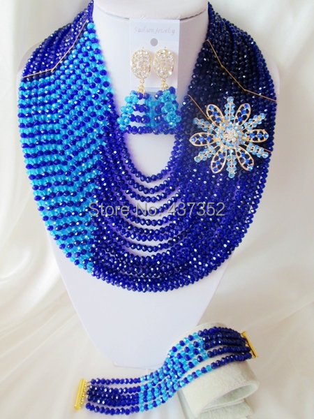 Royal Blue Crystal 15 layers Handmade African Beads Jewelry Set Nigerian Wedding Beads Bridal Jewelry Set Free Shipping CPS-3032