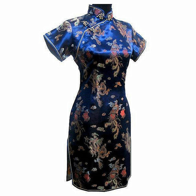 Специальное предложение темно-синий китайских женщин мини чонсам Qipao ropa mujer дракон феникс размер ml XL XXL s-3xl 4XL 5XL 6XL J3093