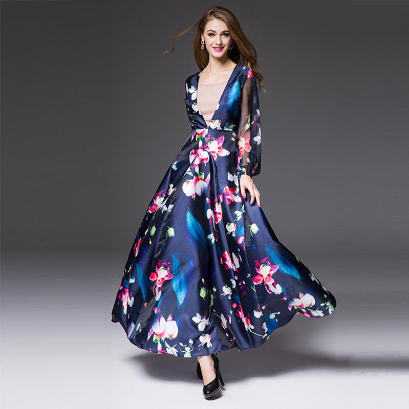 Romantic Dress 2015 New Autumn Brand Sexy V-Neck Full Mesh Sleeve Flowers Print  Ankle-Length Dress