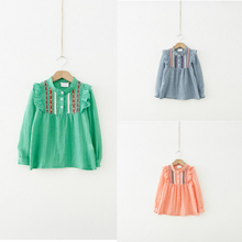 Freeshipping Kids Ruffle Loose Tops T shirts Girls Cotton Blouse Long Sleeve Shirt