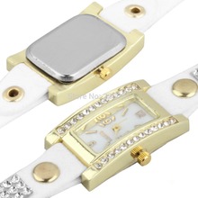 1pcs 2015 New Fashion Women s Vintage Square Dial Rhinestone Weave Wrap Multilayer Leather Bracelet Wrist