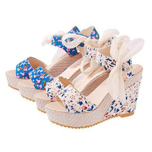 High Quality ! Women Sandals Summer wedges sandals female shoes women platform shoes lace belt bow open toe high-heeled shoes