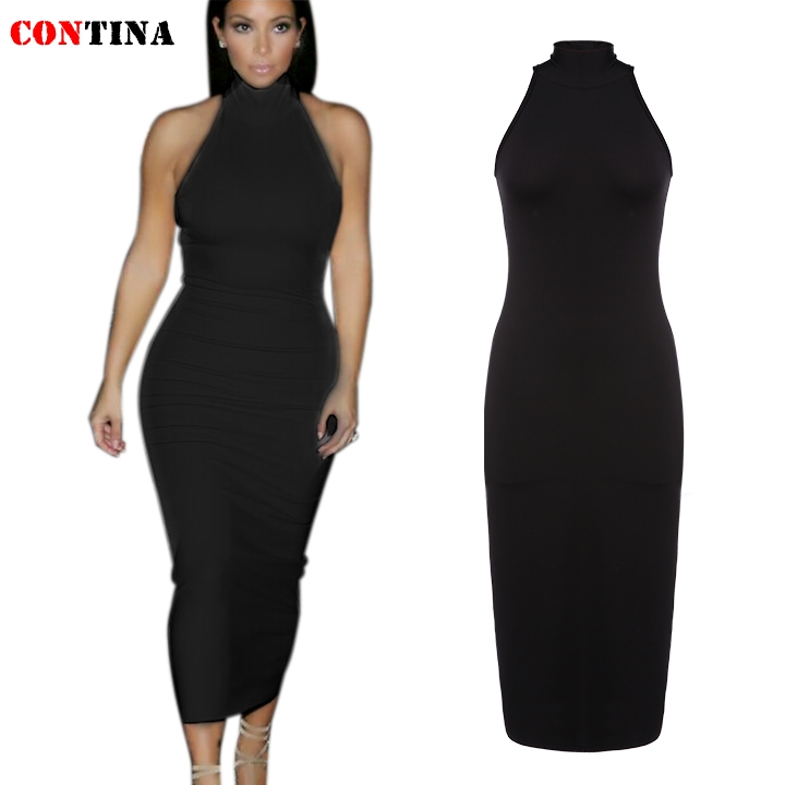 Vestidos Women Turtleneck Dress Sleeveless Black Pencil Party Dress