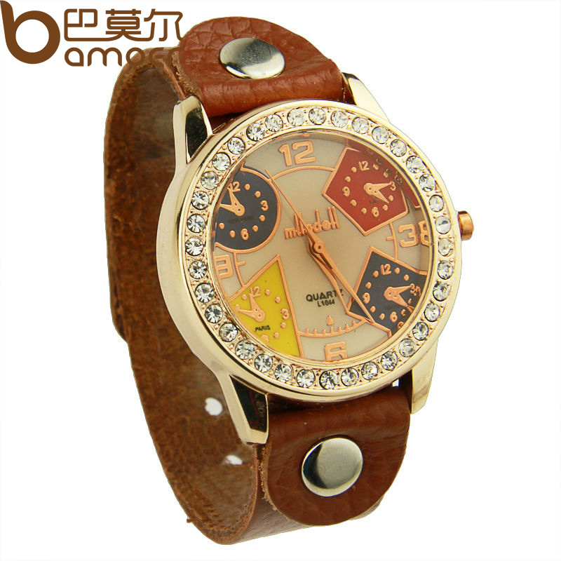 Newest Arrival Vintage Brown Leather Strap Watch for Men with Rhinestone Quartz Top Layer Wristwatch Women