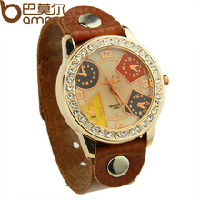 Newest Arrival Vintage Brown Leather Strap Watch for Men with Rhinestone Quartz Top Layer Wristwatch Women PI0539