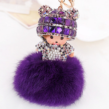 2016 new Popular Cute Inlay crystal dolls 15 color Monchichi KeyChain fur Key chain Car key ring Women Bag Accessories porte