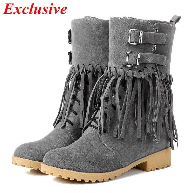 Tassels decorative metal belt buckle 2015 Autumn winter Round Toe Square heel Fashion ankle boots wild section Warm winter boots