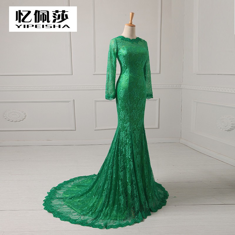 2015 Long Sleeve Evening Dresses Vintage Green Lace Mermaid High Neck Court Train EveningFormal Gowns For Womens 