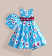 girl floral print dress with hat and handmade belt casual girl cotton dress high street
