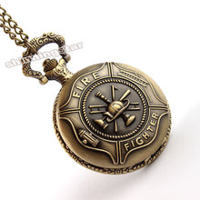 2014 New Style Bronze Fire Fighter Control Quartz Necklace Pocket Watch relogio de bolso
