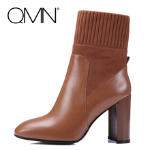 QMN genuine leather women ankle boots Women High Heel Winter Boots Shoes Woman Black/Pink/ Chestnut Booties Botas Size 34-39