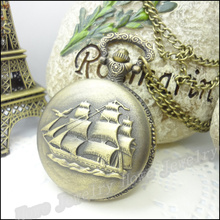 New Steampunk Quartz Dress Pocket Watch Sailboat Ship Vintage Style Bronze Necklace Pendant Chain Clock