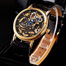 2015 New Black Skeleton Dial Genuine Leather Band Analog Golden Stainless Steel Case Hand Winding Mechanical