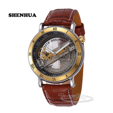 Tourbillon Skeleton Hollow impermeable auto viento correa de cuero marrón negro 2015 hombres automáticos relojes de pulsera reloj mecánico