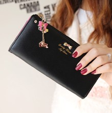 Hot Sale High Quality Colorful bowknot pendant PU Leather Long Design Women Wallet Coin Purse Ladies