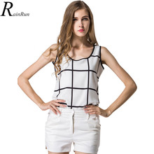RainRun Hot Plaid Blouse Feminino Chemise Femme Women Blouses White Summer Shirts Sleeveless Tops Chiffon Casual Ladies Blusas