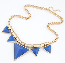 2015 Fashion Bohemia Style Womens Unique Jewelry Gold Metal Triangle Gems Bib Necklace Pendants Chain Fast