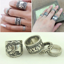 4PCS/ Set Vintage Punk Ring Set Unique Carved Antique Silver Elephant Totem Leaf Lucky Rings for Women Boho Beach Jewelry