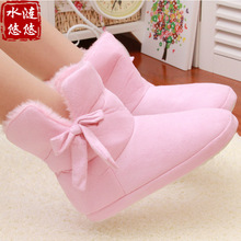 New Cotton Slippers Home Warm Snow Winter shoes Thick Barreled Home Floor Slippers Women Bow Shoes Pink And Brown For Lovers