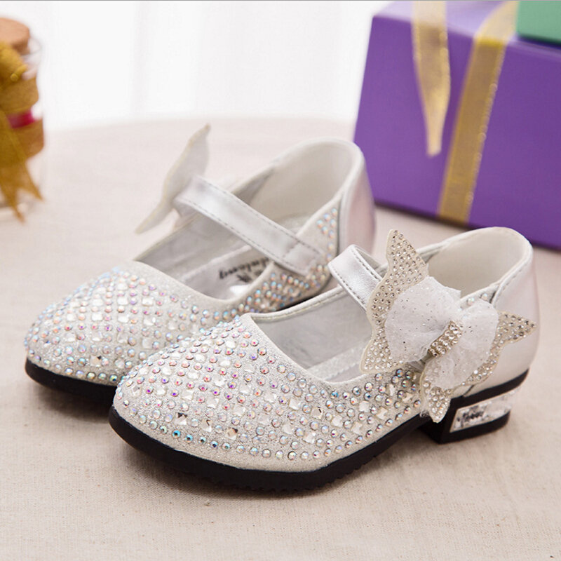 Mini princess shoes low heel rhinestones Girls kids leathers shoes Spring 2016 new bow children s