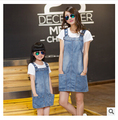 2015 mother and daughter summer clothes family clothing set white short sleeve letter T shirt blue