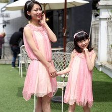 New Fashion Women Chiffon Dress Family Clothing Dresses for Mummy Daughter Toddler Girs Summer Dress Family Matching Dress Pink