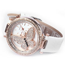 Luxury Rose Gold Bling Crystal Butterfly Ladies Relogio Women Genuine Leather Strap Bracelet Quartz Gift Rhinestone