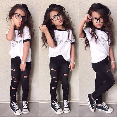 Cute Baby Girls Outfits Tops+Ripped Legging Trousers 2pcs Outfits Clothes Set