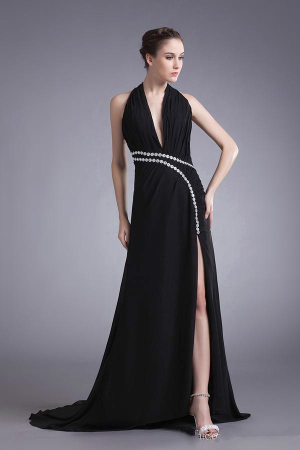 17 Elegant black chiffon v-neck sequins prom evening dresses 2014 side slit long length (1)_meitu_79