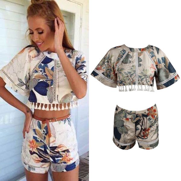 2015 Summer Women Sexy Floral Tassel Two-piece Backless Casual Crop Tops + Pants Shorts Suit Sets Fashion