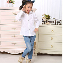 2016 Brand Girls Long-Sleeve Cotton Lovely Bubble Sleeve Girls School Princess Fashion White Slim Blouses Hot Sale Retail