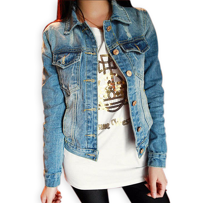 Women New Frayed Hole Ripped Jeans Jackets 2015 Spring Ladies Washed Denim Turn Down Collar Full 