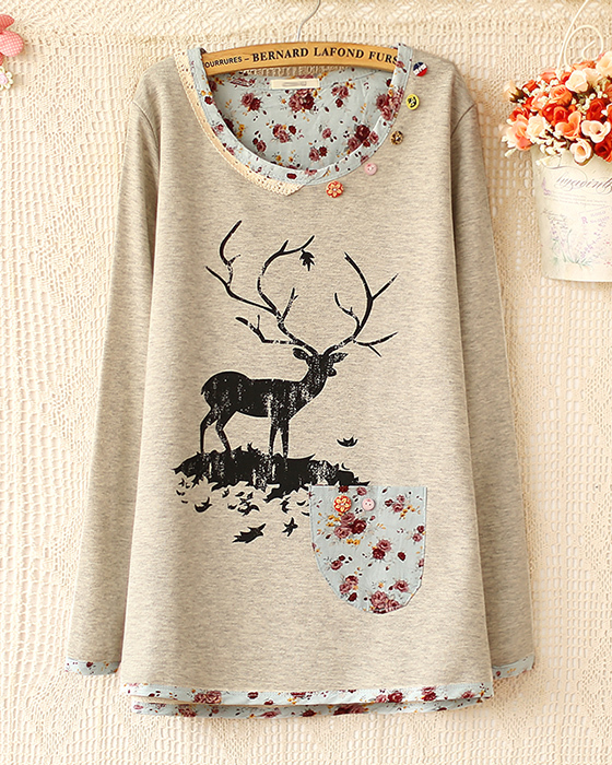 Ladies Casual sweater Elk floral prints O-neck swe...