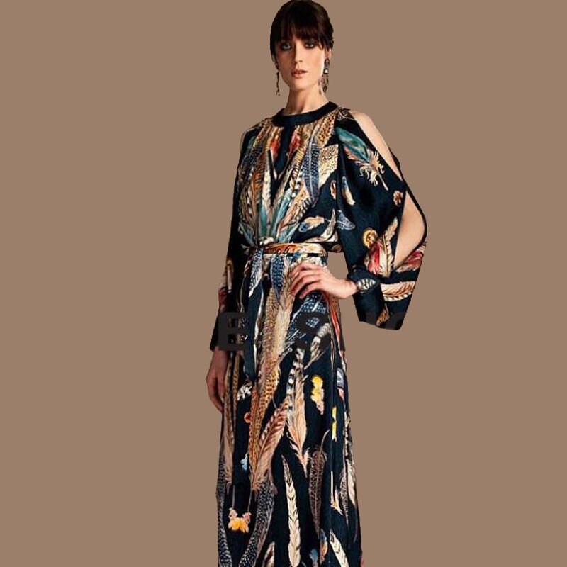 Free Shipping! Fashion Spring & Summer Women's Dress Multicolour Feather Printed  Batwing Sleeve Sexy Floor-Length Dresses