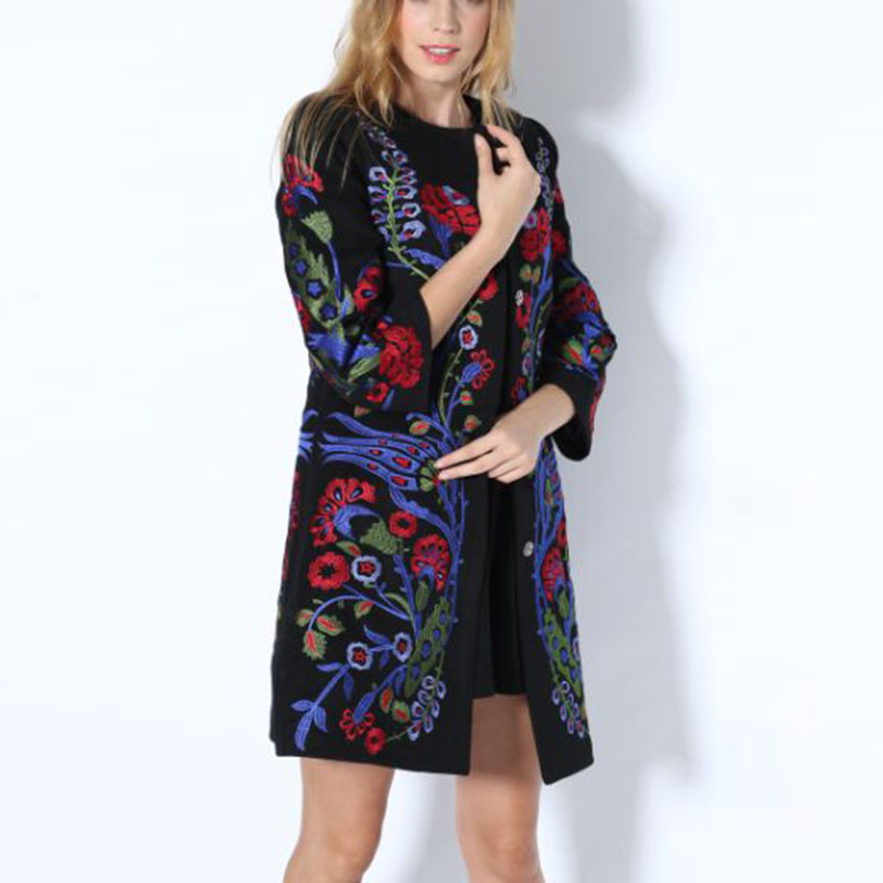 Woolen Coat 2015 Autumn - Winter New Brand Vintage Three Quarter Sleeve Elegant Flower Embroidery Plus Size Black Long Coat