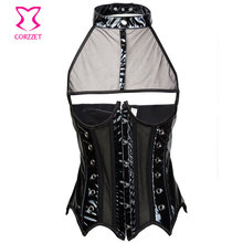 Black Mesh and PVC Leather Steel Boned Corset With Halter Neck Latex Waist Trainer Sexy Cupless Bustier Steampunk Clothing
