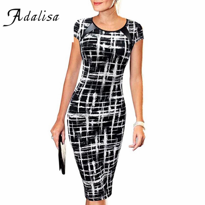 Summer Dress Slim Women Office Pencil Dress Short Sleeve Printed Bodycon Tunic Dress Tight Formal Midi
