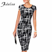 Summer Dress Slim Women Office Pencil Dress Short Sleeve Printed Bodycon Tunic Dress Tight Formal Midi