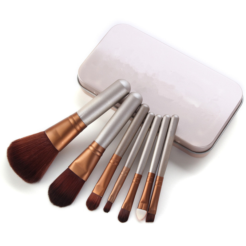 Pro 7Pcs Makeup Brushes Pen Set With Metal Box Case Wooden Handle Man made Fiber Bristles