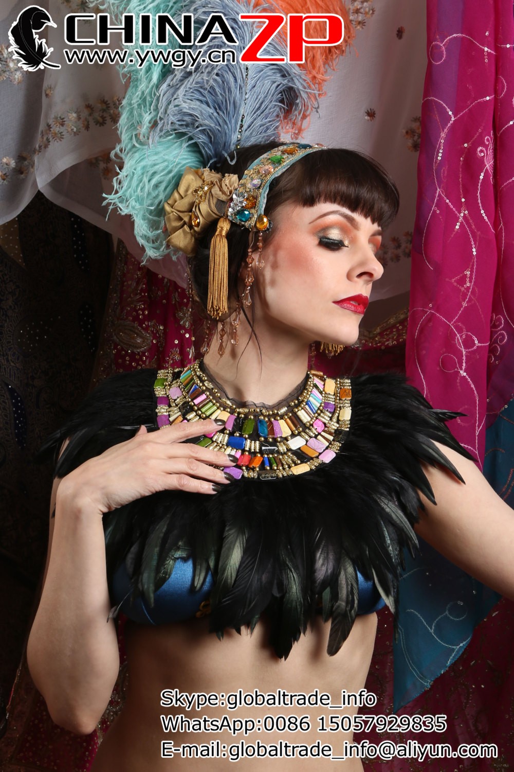 Multi-coloured beaded collar with coque feather trim2