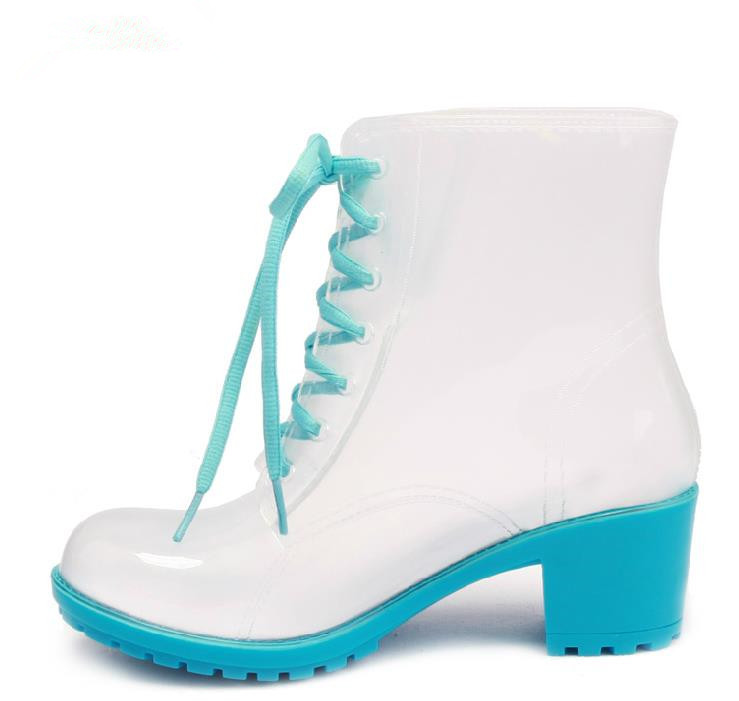 New Fashion Women High Heels Transparent PVC Rain Boots Lace up Clear