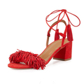 Women Suede Fringed Ankle Strappy Sandal 2017 Ladies Summer Leather Sheepskin Chunky Med Heeled Dress Sandal